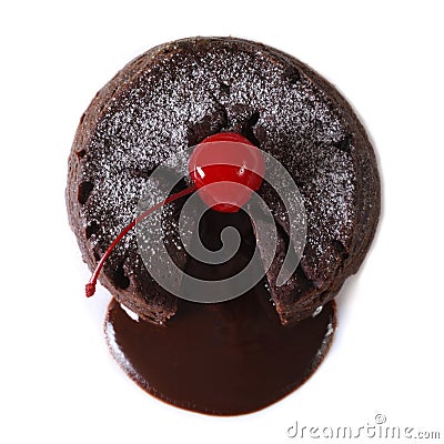 Fondant chocolate cake with cherry closeup isolated on white Stock Photo