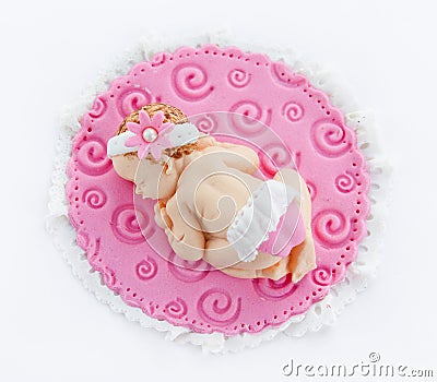 Fondant sleeping baby girl for decoration christening or birthda Stock Photo