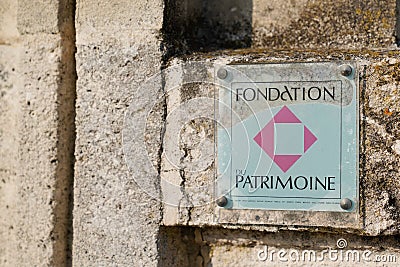 Fondation patrimoine logo text label and brand sign in french for old ancient Historic Editorial Stock Photo