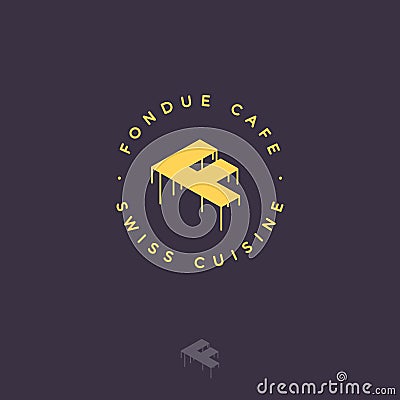 Fondue Cafe logo. F monogram. Yellow letter F with melted cheese and letters in a circle. Vector Illustration