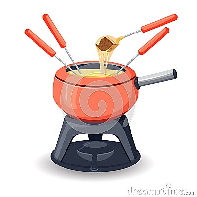 Fondue pot with assorted delicious traditional swiss cheese with burner and long handled forks with bread for dipping on Vector Illustration