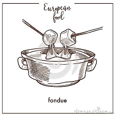 Fondue sketch icon for European Swiss food cuisine menu design Vector Illustration