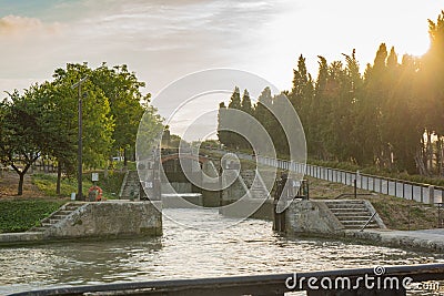 Fonserannes Locks, are a flight of staircase locks on the Canal du Midi near BÃ©ziers, Languedoc Roussillon, France Stock Photo