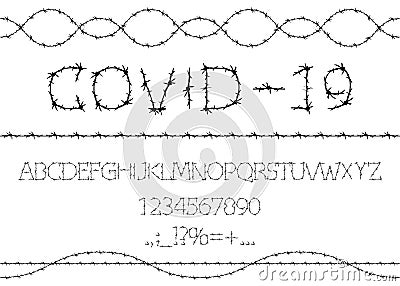 Alphabet of barbed wire. Prison letters and numbers set. Barbed Wire Stroke for Fencing. Font for events, promotions, logos, sign Vector Illustration