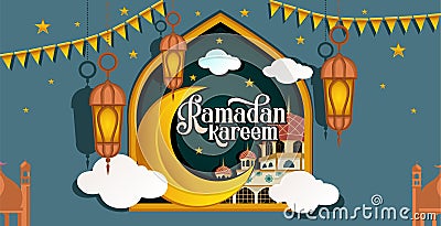 vector set of ramadan karem,lantern,mosque with ramadan moon shades. Vector Illustration