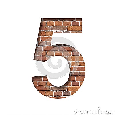 Font on brick texture. Digit five, 5, cut out of paper on a background of real brick wall. Volumetric white fonts set Stock Photo