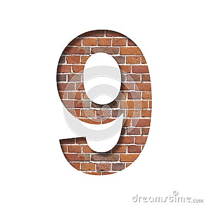 Font on brick texture. Digit nine, 9, cut out of paper on a background of real brick wall. Volumetric white fonts set Stock Photo