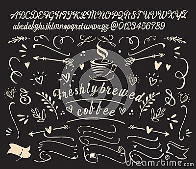 Font `coffee ` is inspired by embellished vintage posters and packaging design. Vector Illustration