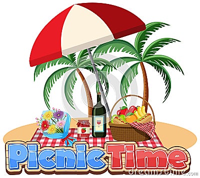 Font design for picnic time with food basket and wine Vector Illustration