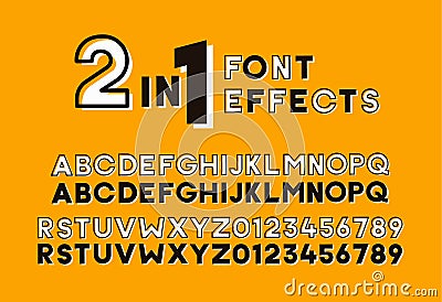 2 in 1 font effects. Set of two sans serif alphabet graphic styles. Outline and bold shadow. Vector design vintage retro style Vector Illustration