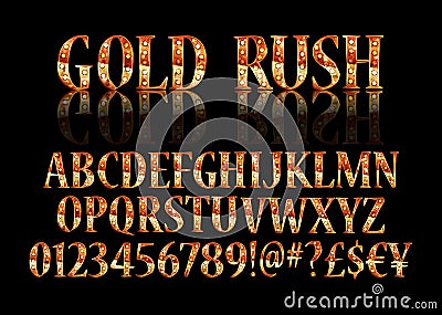 Font lamp symbol, gold letter and numbers set. Cartoon Illustration