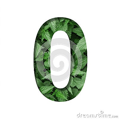 Font made of leaves, digit zero, 0, cut out of paper on a background of natural green nettle.Fresh young natural leaf volumetric Stock Photo