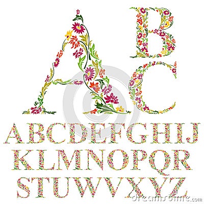 Font made with leaves, floral alphabet letters set Vector Illustration