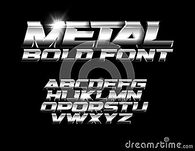 Font with metallic texture, chrome alphabet, wide bold industrial fashion font. Vector typography. Vector Illustration