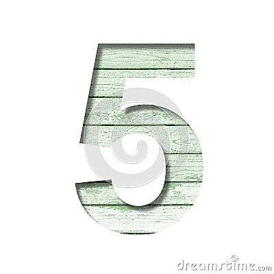 Font on an old wooden wall. Digit five, 5 cut out of paper on the background old wood wall with peeled green paint. Set of Stock Photo