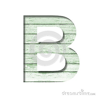 Font on an old wooden wall. The letter B cut out of paper on the background old wood wall with peeled green paint. Set of Stock Photo