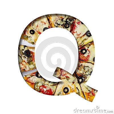 Font on pizza texture. Letter Q, cut out of paper on a background of real mediterranean pizza. Volumetric white fonts alphabet set Stock Photo