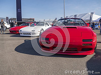Fontana, California USA - Nov. 8, 2018: Cars and People setting up at Sevenstock 21 automotive enthusiast event and festival at Editorial Stock Photo