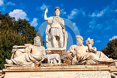 Fontana della Dea di Roma or Fountain of Goddess Roma is located in Piazza del Popolo in Rome, Italy Editorial Stock Photo