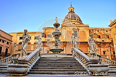 Fontana Pretoria of Palermo, Sicily at dusk Stock Photo