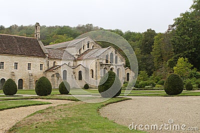 Fontenay Abbey in France. Image of the Abbey Church and grounds. Stock Photo