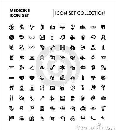 A collection of 100 black icons themed on medicine Vector Illustration
