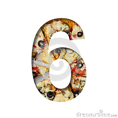 Fonts on pizza texture. Digit six, 6, cut out of paper on a background of real pizza. Volumetric white fonts alphabet set Stock Photo