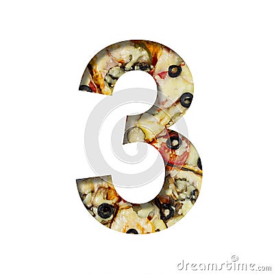 Fonts on pizza texture. Digit three, 3, cut out of paper on a background of real pizza. Volumetric white fonts set Stock Photo