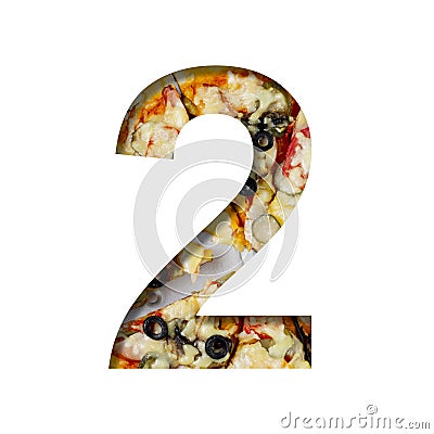 Fonts on pizza texture. Digit two, 2, cut out of paper on a background of real pizza. Volumetric white fonts set Stock Photo