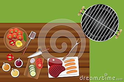 Food and accessories needed for grill. Vector Illustration