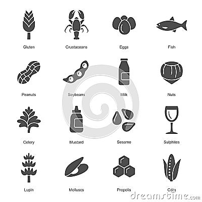 Food allergens grey coloured vector icons Vector Illustration