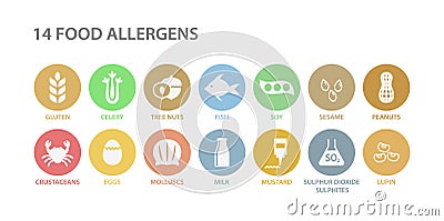 Food allergens white icons in pastel colorful circles. 14 food allergens vector circle icon set. Vector Illustration