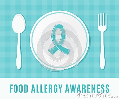 Food Allergy Awareness Teal Ribbon with Plate, Spoon and Fork. Vector Illustration