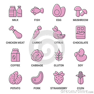 Food allergy symbols. Warning allergic icons. Restaurant meal. Grain and wheat. Egg and milk allergen. Dairy products Vector Illustration