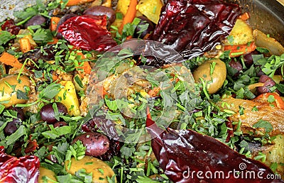 Food as a texture. Vegetables roasted on a pan. Closeup. Stock Photo