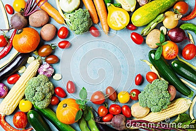 Food background with autumn farm vegetables and root crops top view. Healthy and organic harvest. Stock Photo