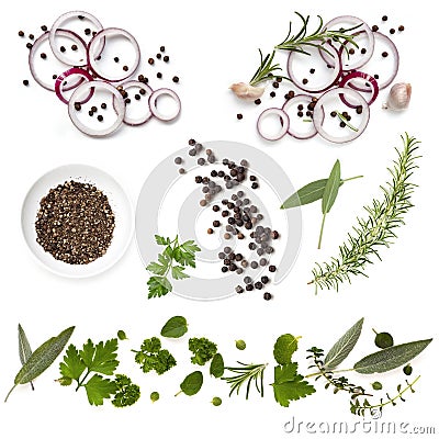 Food Background Collection Onions Herbs Peppercorns Stock Photo