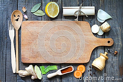 Food background concept with recipe and retro empty cutting board Stock Photo