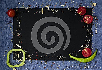 Food background. Fresh farmer vegetables at dark beton table. Space for text Stock Photo