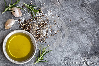 Food Background Olive Oil Salt Peppercorns Rosemary and Garlic o Stock Photo