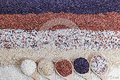 Top view of five rows of rice in a wooden spoon Stock Photo