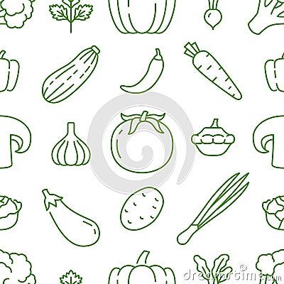 Food background, vegetables seamless pattern. Healthy eating - tomato, garlic, carrot, pepper, broccoli, cucumber line Vector Illustration