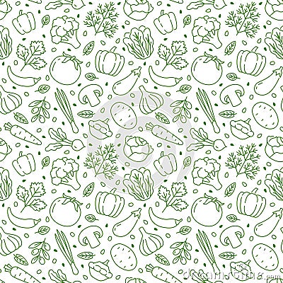 Food background, vegetables seamless pattern. Healthy eating - tomato, garlic, carrot, pepper, broccoli, cucumber line Vector Illustration