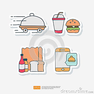 Food Bag, Phone Order, Burger Doodle. Set of Food Delivery Service Related Doodle Sticker Vector Illustration Vector Illustration