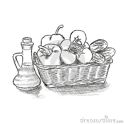 Food basket with vegetables hand drawn vector illustration. Vector Illustration