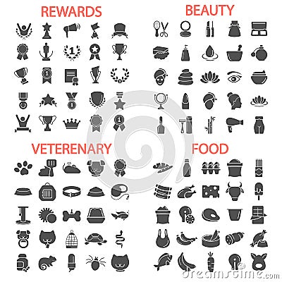 Food. Beauty. Veterenary shop. Rewards and medals simple icons set Vector Illustration