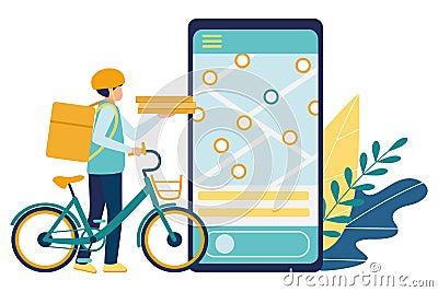 Food and bike delivery service app. A courier in a helmet with boxes in his hand and a large bag behind his back delivers Cartoon Illustration