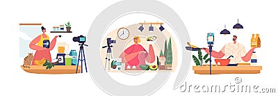 Food Blogger Female Character Showcases Healthy And Nutritious Sport-based Recipes Cooking On Camera Vector Illustration