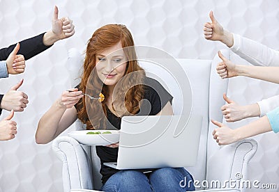 Food blogger with laptop Stock Photo