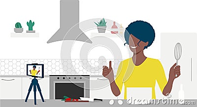 Food blogger streaming live. A beautiful black woman records an online cooking video tutorial on his phone. Woman Vector Illustration